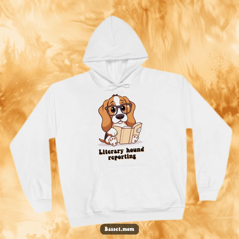 Funny Basset Hound hoodie depicting a hound wearing reading glasses, enjoying a book, offering warmth and literary humor.