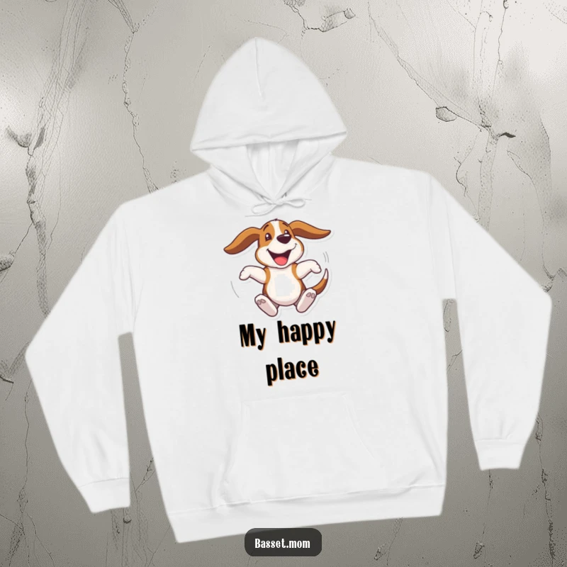 Funny Basset Hound hoodie, a dog spinning joyfully with flapping ears, offering warmth and happiness, a humorous and cozy gift.