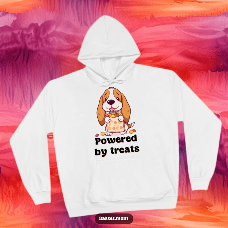 Funny Basset Hound loaded with a tiny shopping bag overflowing with treats, looking utterly content on a warm hoodie.