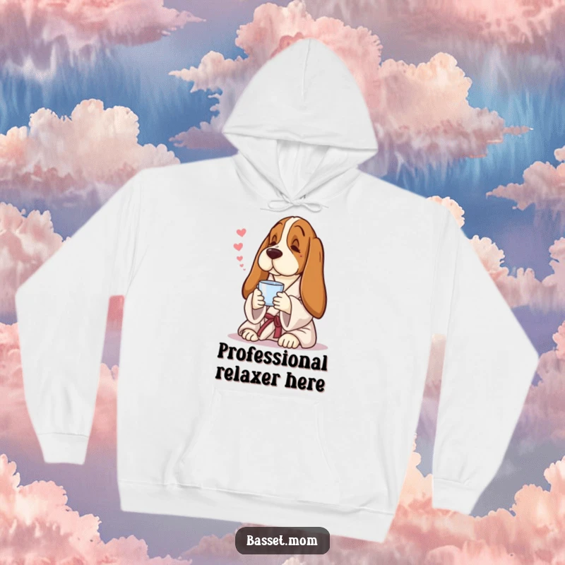 Funny Basset Hound hoodie, a cozy dog in a fluffy robe, holding a tea cup, perfect for comfort lovers.
