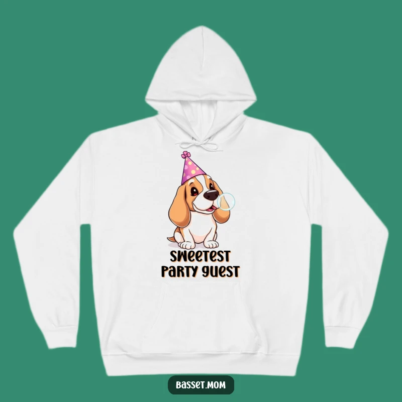 Funny Basset Hound Hoodie: Party Hat Pup and Lollipop Bubble Cheer