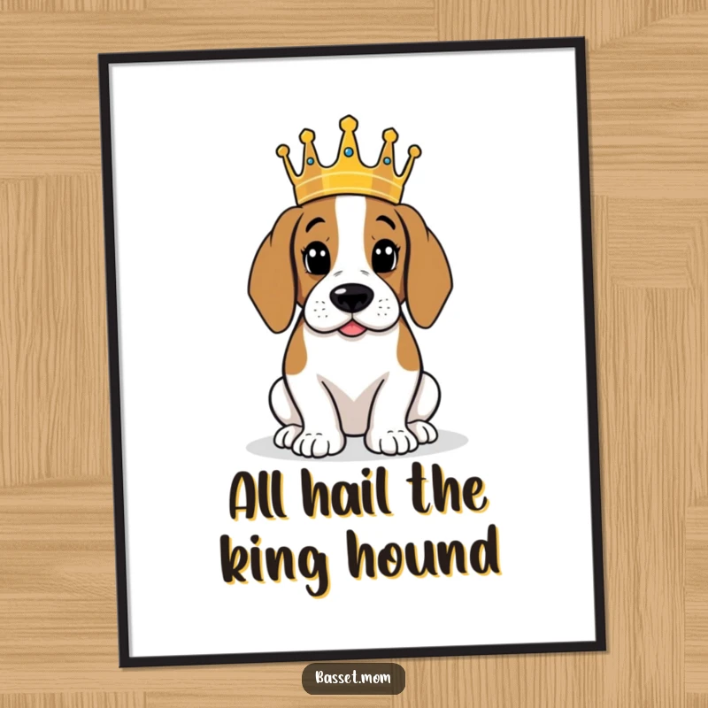 Funny Free Printable Wall Art: Basset Hound wearing a tiny crown surveying its kingdom, a majestic DIY gift.
