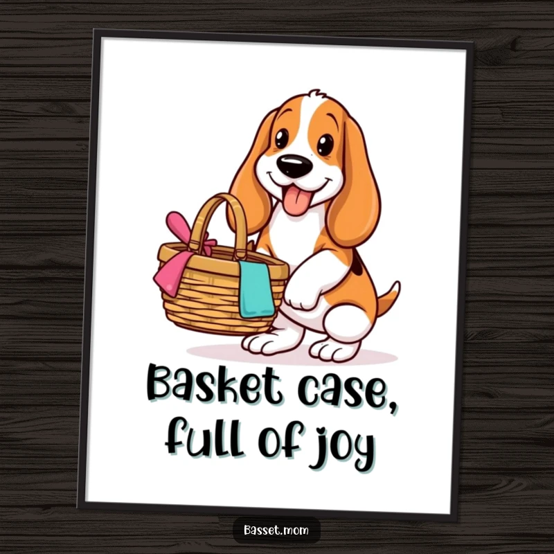 Funny Free Printable Wall Art - A Basset Hound with a wide smile, expertly balancing a picnic basket.