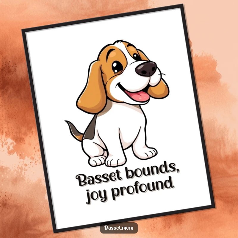 Funny Free Printable Wall Art: A happy basset hound with its floppy ears flying as it bounces with uncontainable glee.