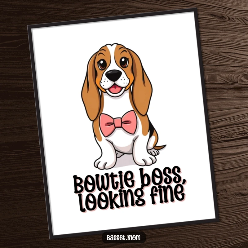 Funny Free Printable Wall Art - A Basset Hound elegantly dressed in a tiny bowtie, striking a proud pose.