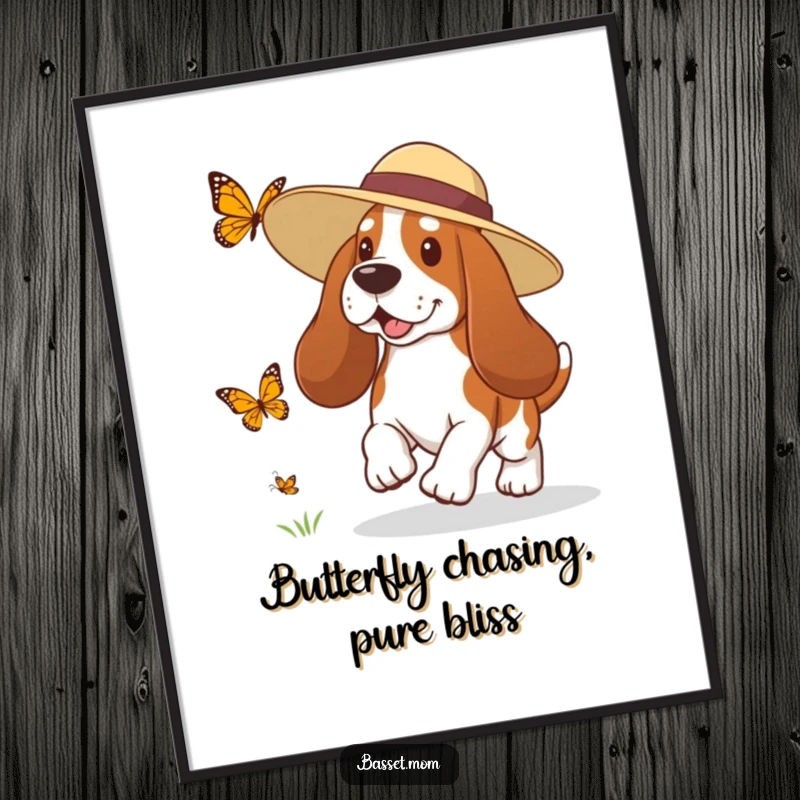 Funny Free Printable Wall Art: A Basset Hound in a sun hat playfully chasing a butterfly through a field of flowers.