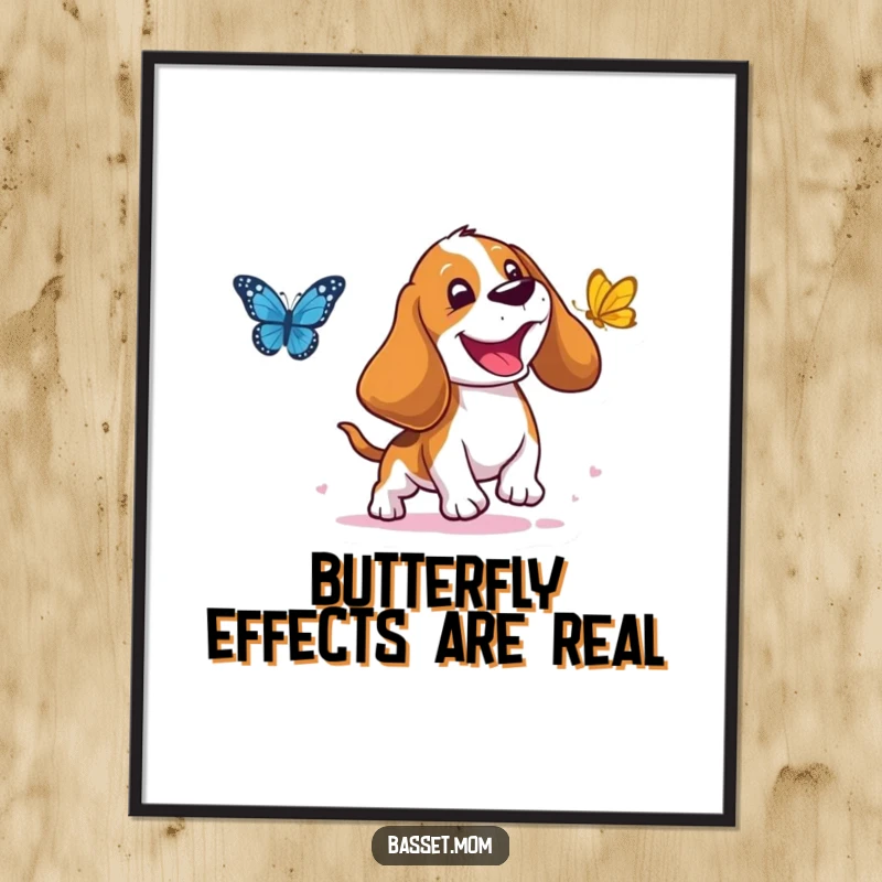 Funny Free Printable Wall Art of a Basset Hound with droopy ears joyfully chasing a butterfly, adding playful charm to any space.