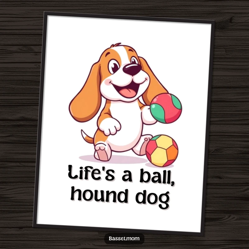Funny Free Printable Wall Art: Cheerful Basset Hound energetically bouncing a colorful ball, happy expression, playful.