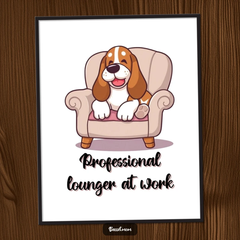 Funny Free Printable Wall Art: Basset Hound with a happy sigh, lounging deeply on a plush cushioned chair.