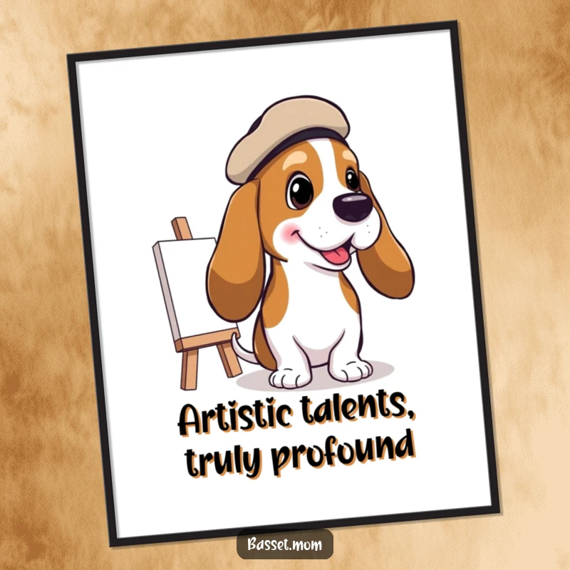 Funny Free Printable Wall Art of a Basset Hound wearing a small, tilted beret painting a cheerful picture, adding artistic humor.