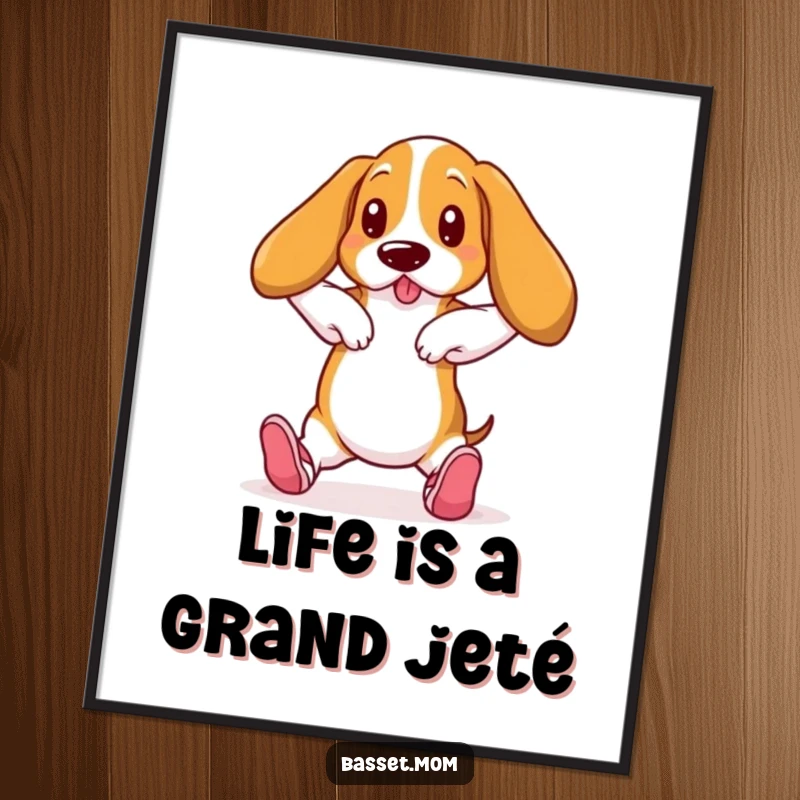 Funny Free Printable Wall Art: Basset Hound in ballet slippers striking a ballet pose, a stylish DIY gift.