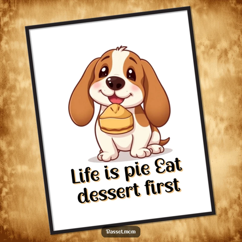 Funny Free Printable Wall Art: A Basset Hound with a tiny pie balanced perfectly on its nose, looking proud and goofy.