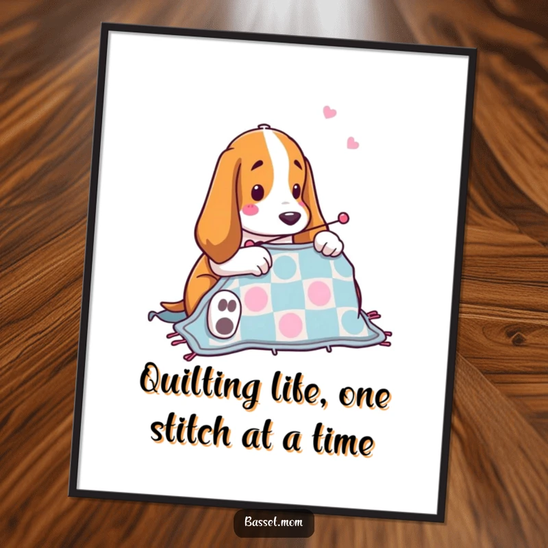 Funny Free Printable Wall Art: A Basset Hound with a sewing needle, happily stitching a quilt, bringing cozy charm.