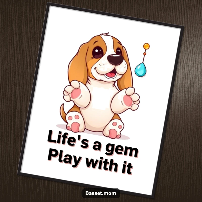 Funny Free Printable Wall Art: A Basset Hound with paws raised, playfully batting at a sparkling dangling jewel, full of joy.