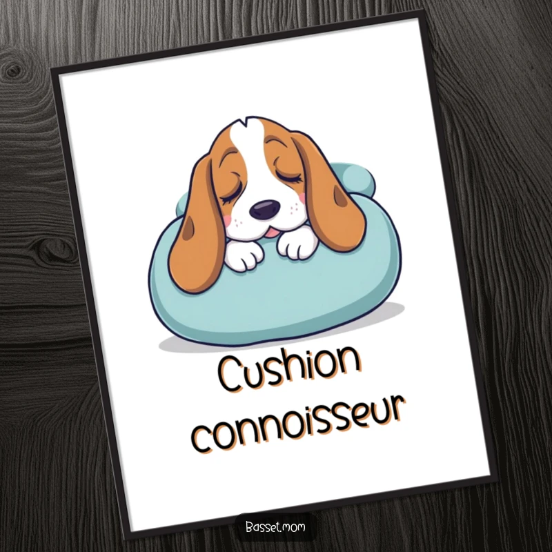 Funny Free Printable Wall Art: A Basset Hound with completely sleepy eyes, deeply snuggled into an enormous, inviting cushion.