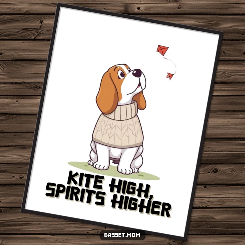 Funny Free Printable Wall Art: A Basset Hound dressed in a knitted sweater, gazing up at a kite with innocent wonder.