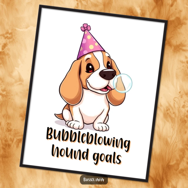 Funny Free Printable Wall Art: A Basset Hound in a party hat gleefully blowing a giant bubble with a lollipop.