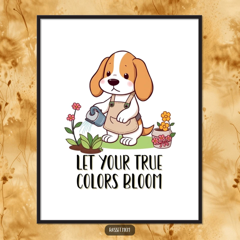Funny Free Printable Wall Art: Basset Hound in a gardening apron watering a flower, humorous garden-themed decor.