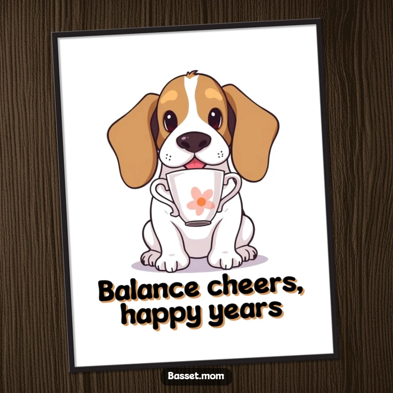 Funny Free Printable Wall Art: A basset hound with a delicate teacup perfectly poised atop its long, droopy nose.