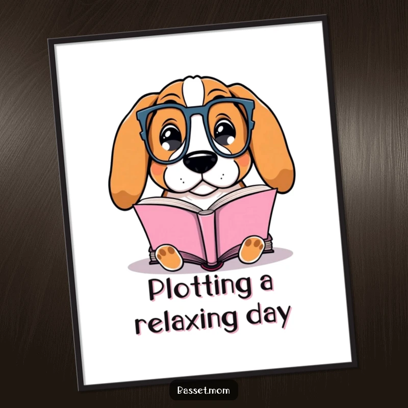 Funny Free Printable Wall Art: A Basset Hound sporting glasses, contentedly engrossed in reading a favorite book.