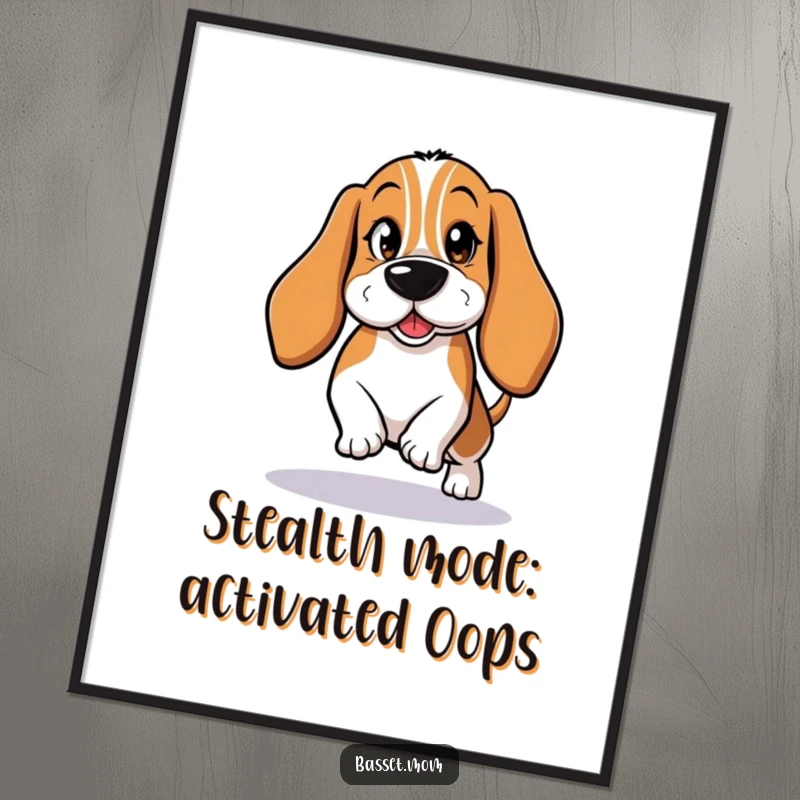 Funny Free Printable Wall Art: A Basset Hound character tiptoeing with a playful, mischievous wink, adding humor to any room.