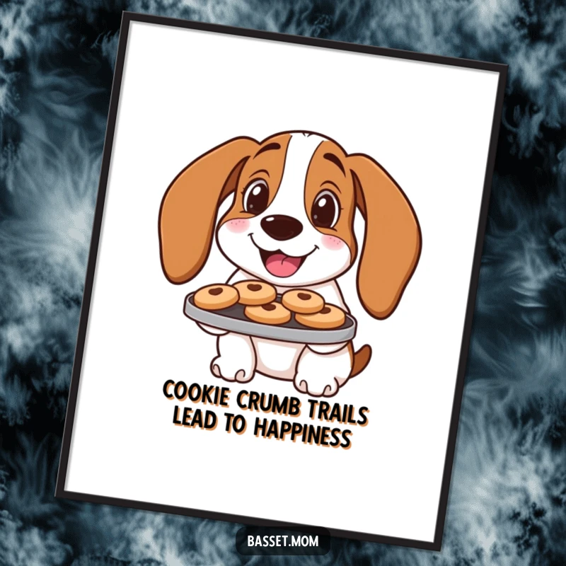 Funny Free Printable Wall Art: A Basset Hound with a tray of cookies offers a heartwarming, inviting smile.