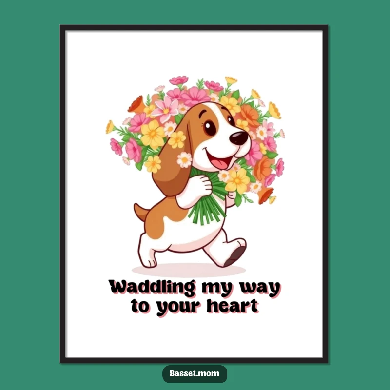 Funny Free Printable Basset Hound Wall Art: Happy Flower Waddle Downloadable Decor