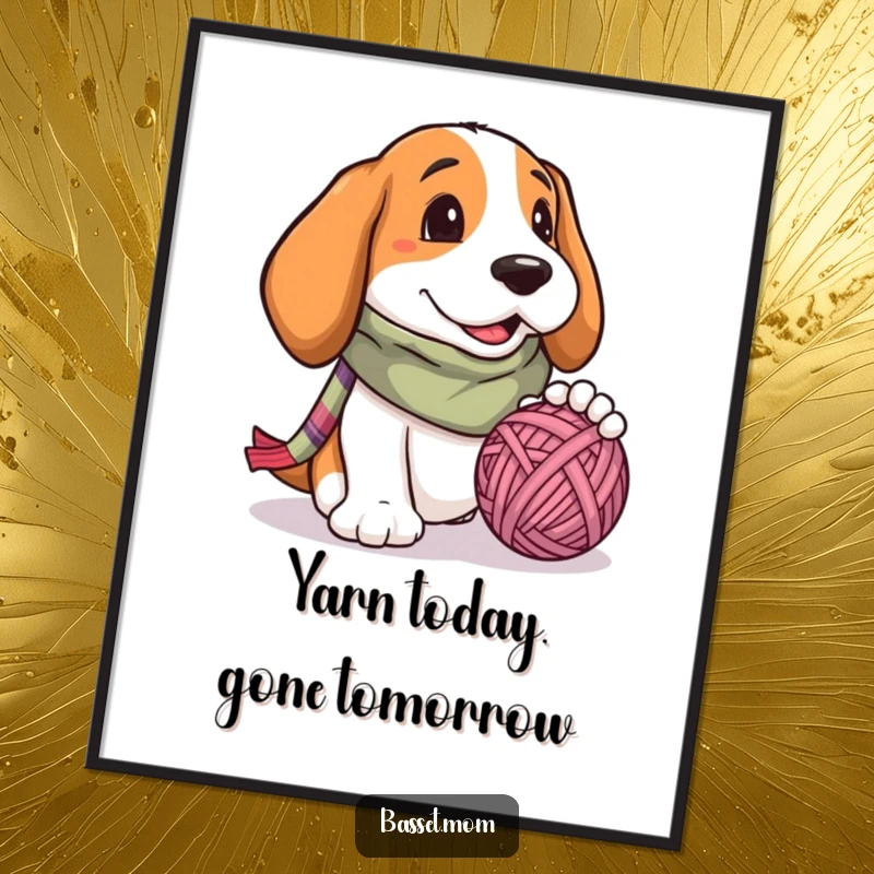 Funny Free Printable Wall Art: Basset hound in scarf, playfully batting a yarn ball, quirky downloadable art for home.