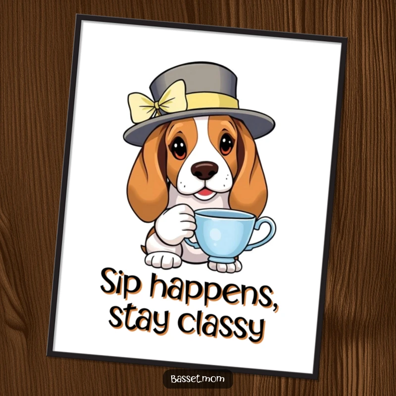 Funny Free Printable Wall Art: Basset Hound wearing a fancy hat, holding a delicate teacup.