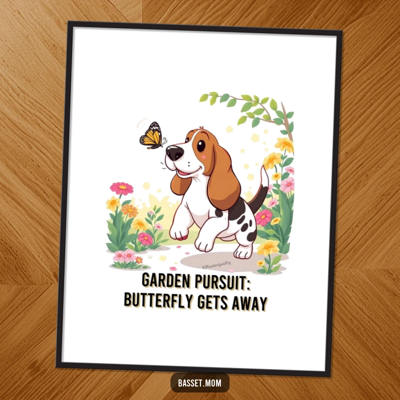 Funny Free Printable Wall Art: A Basset Hound comically chasing a butterfly in a vibrant, sunlit garden.