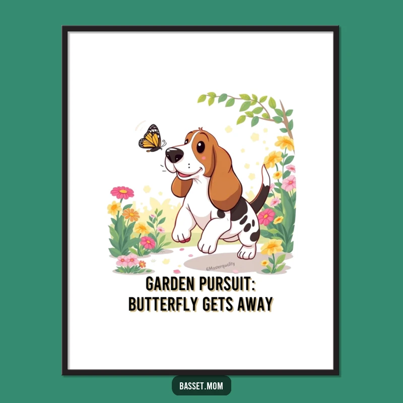 Free Printable Wall Art: Funny Basset Hound Butterfly Garden Scene, Downloadable Decor!
