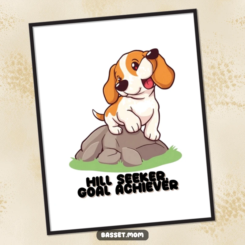 Funny Free Printable Wall Art: A Basset Hound with a focused expression, steadily climbing a small hill.