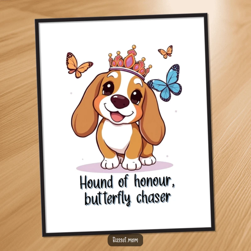 Funny Free Printable Wall Art: A joyful Basset Hound in a tiara happily chases a butterfly, adding regal whimsy to any room.