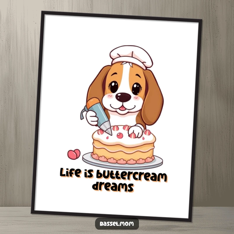 Funny Free Printable Wall Art: Basset Hound with pastry bag frosting a cake, a charming DIY gift.
