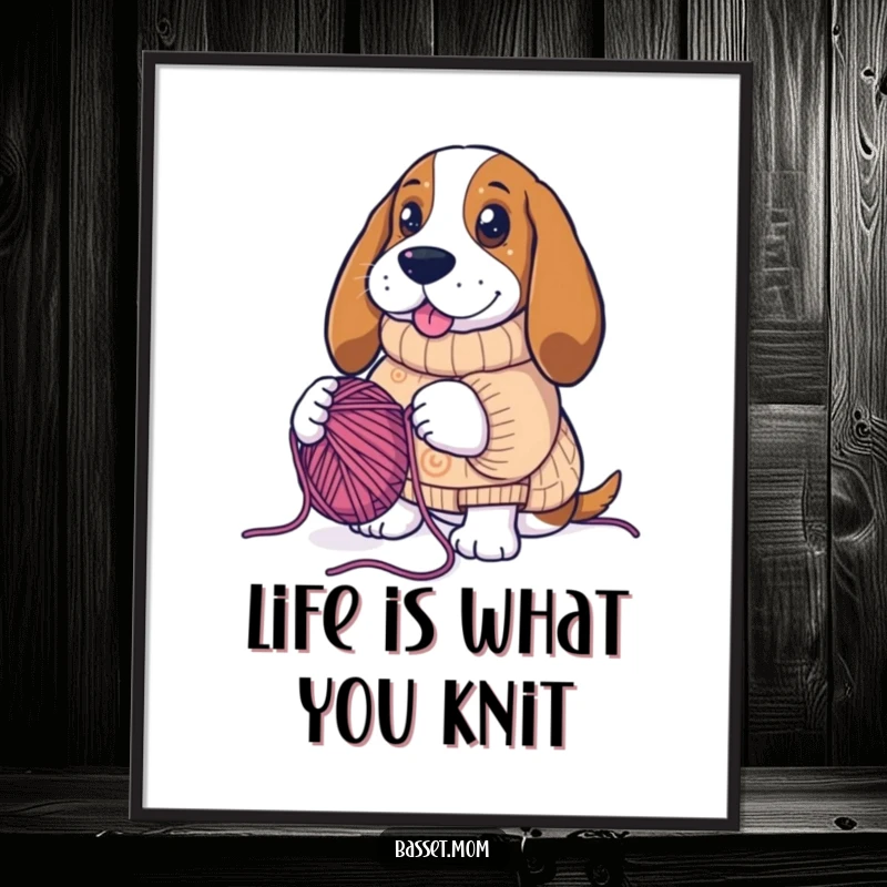 Funny Free Printable Wall Art: Basset Hound wearing knitting sweater, creating yarn, a DIY home decor gift.