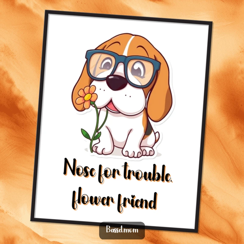 Funny Free Printable Wall Art: A Basset Hound with oversized glasses curiously sniffs a flower, bringing quirky charm to your decor.