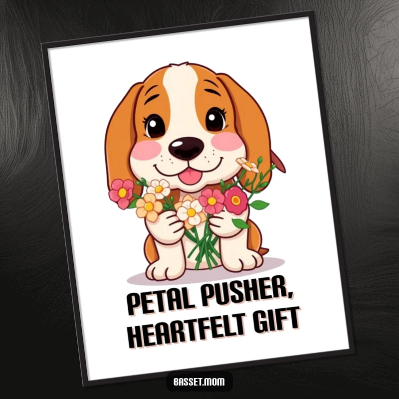 Funny Free Printable Wall Art: A Basset Hound with rosy cheeks, lovingly offering a vibrant bouquet of colorful flowers.