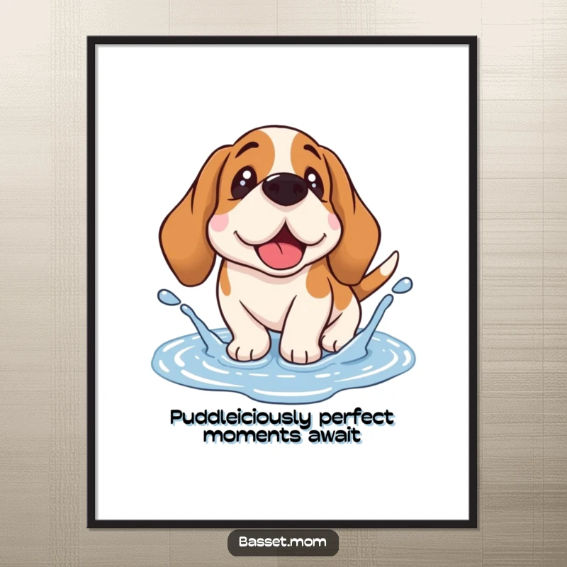 Funny Free Printable Wall Art: A Basset Hound with famously droopy ears joyfully splashing in a muddy puddle, full of glee.