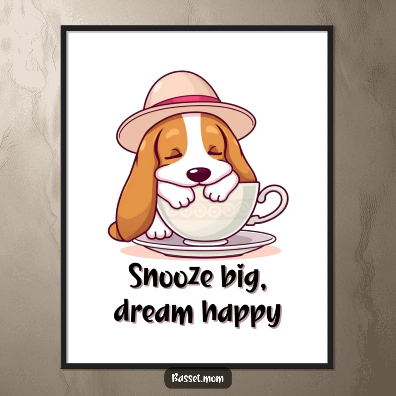 Funny Free Printable Wall Art: A Basset Hound in a hat naps by a teacup, humorous dog decor download.