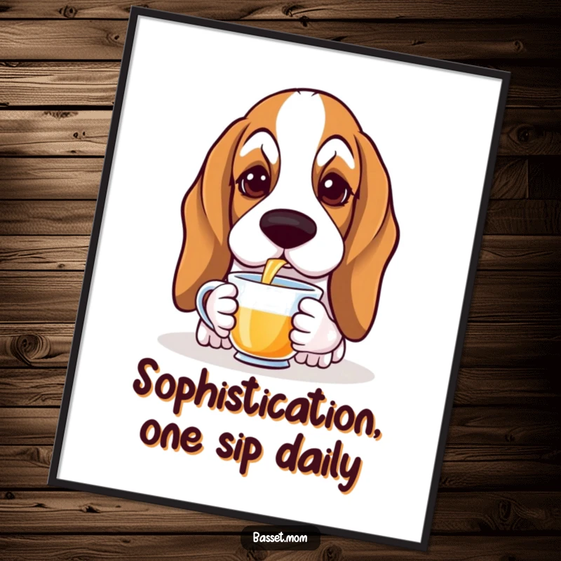 Funny Free Printable Wall Art: A Basset Hound with expressive, soulful eyes gracefully sipping tea from a fine china teacup.