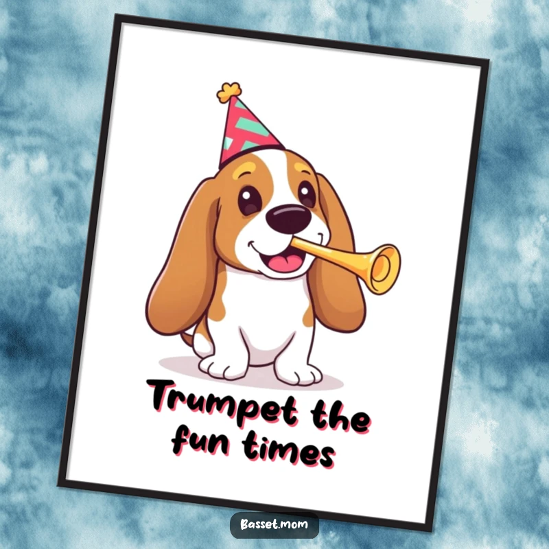 Funny Free Printable Wall Art: Basset hound in party hat, blowing tiny trumpet, festive downloadable art.