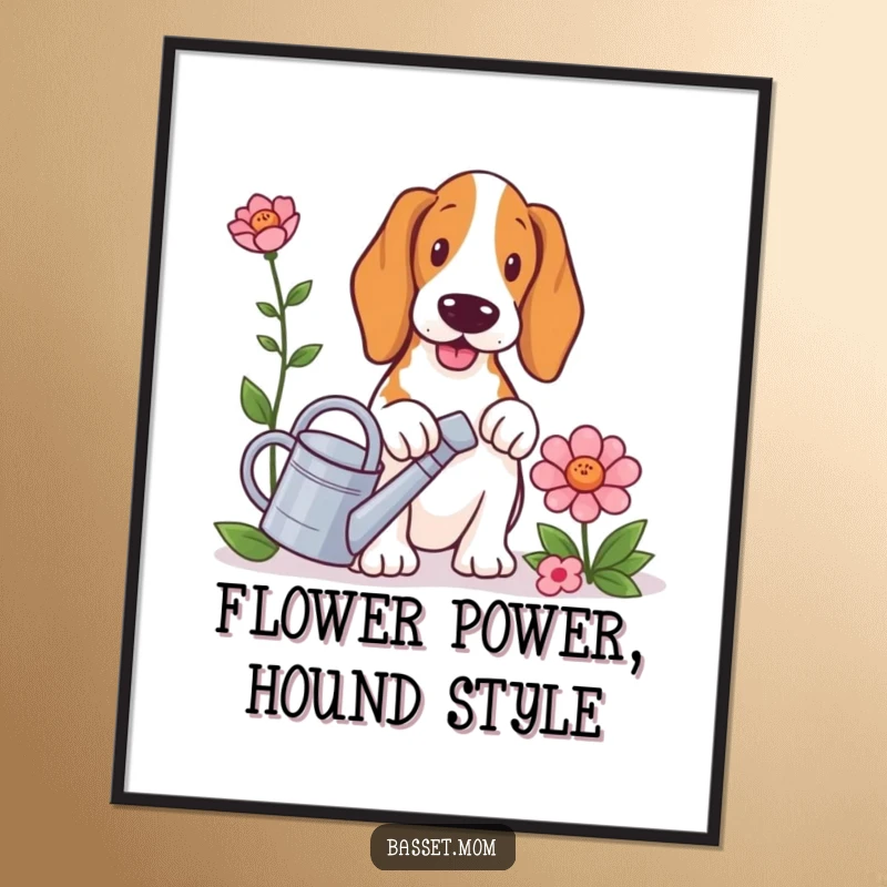 Funny Free Printable Wall Art: Basset hound with tiny watering can, tending a large flower, whimsical downloadable art.