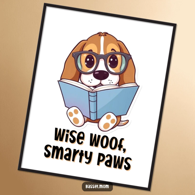 Funny Free Printable Wall Art: A Basset Hound sporting oversized glasses, engrossed in a colorful book, adding intellectual humor.