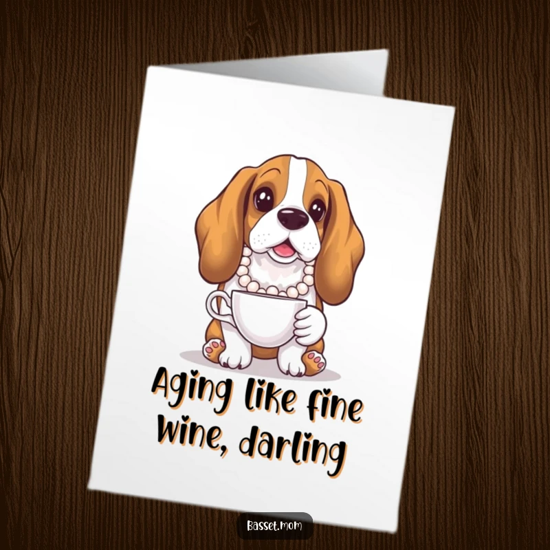 Funny Free Printable Birthday Card: Posh Basset Hound in Pearls Sipping Tea with Aristocratic Flair