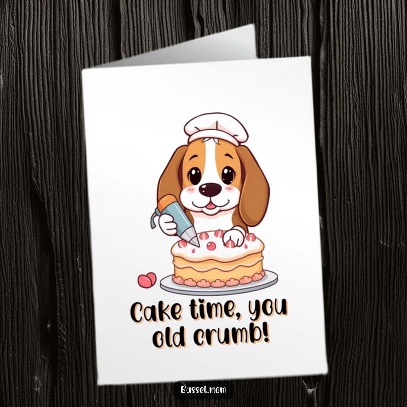 Funny Free Printable Birthday Card: Basset Hound with pastry bag decorating a cake, a DIY gift delight.