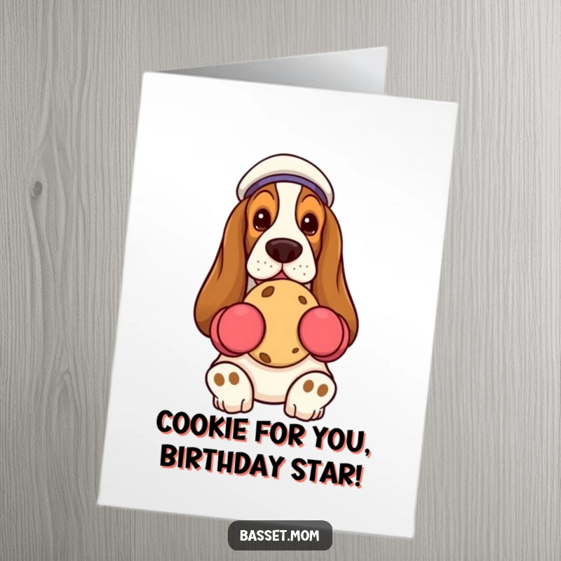 Funny Free Printable Birthday Card: Basset Hound in oven mitts holding a cookie, a DIY treat.