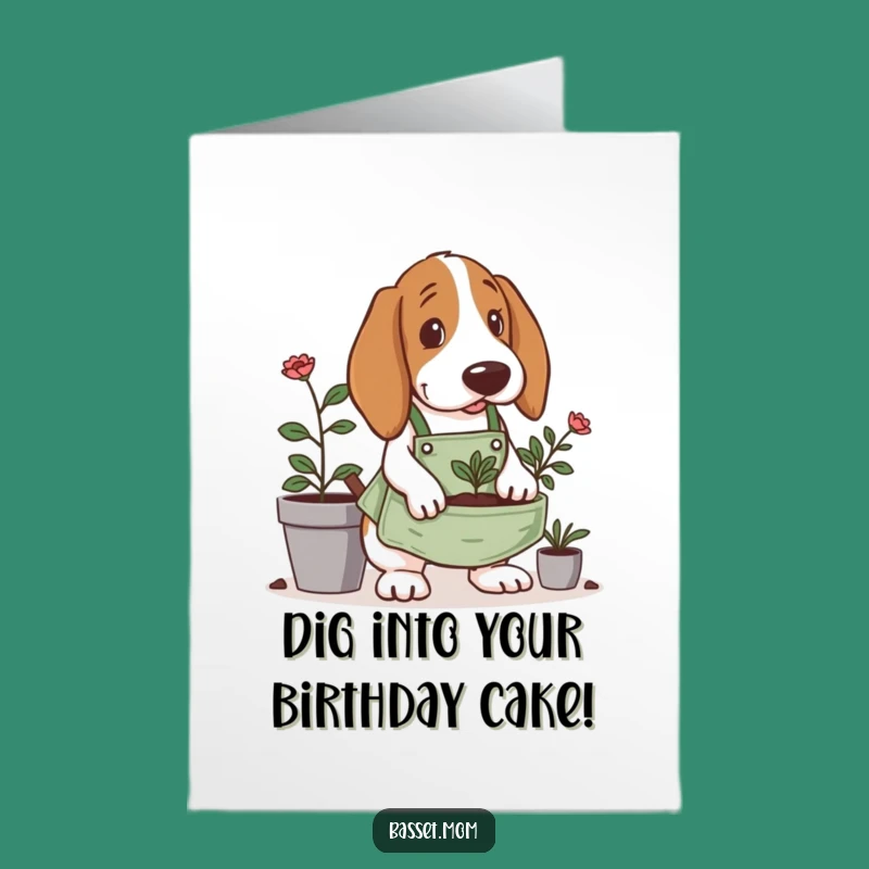 Free Printable Basset Hound Birthday Card: Gardener Hound, Planting Fun!