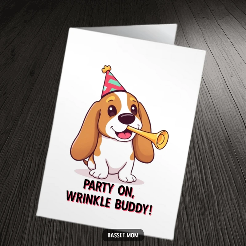 Funny Free Printable Birthday Card: Basset hound in party hat, blowing tiny trumpet, festive downloadable art.
