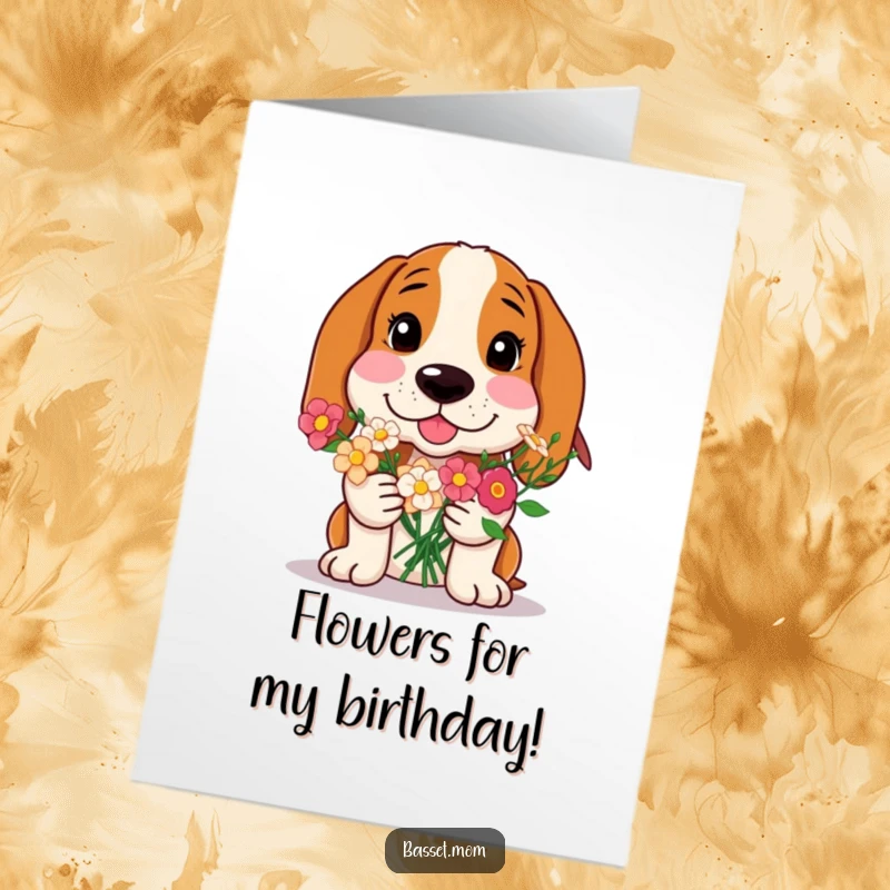 Funny Free Printable Birthday Card: A Basset Hound with rosy cheeks, bashfully offering a beautiful bouquet of flowers.