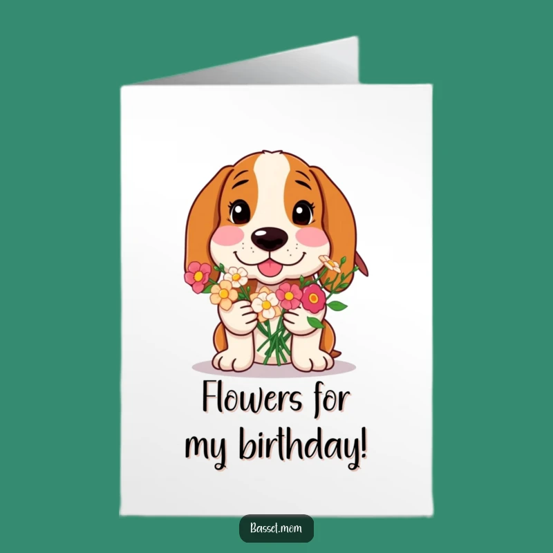 Sweet Basset Hound Birthday Card Free Printable: Flower Gift Dog Downloadable